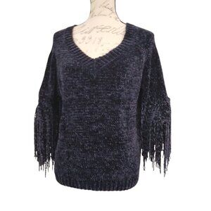 Navy Chenille V-Neck Fringe Sweater Top | Size M